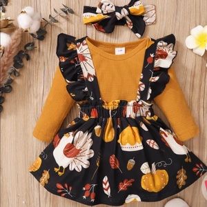 3pcs bébé jupe à bretelles imprimé et ensemble de barboteuse à manches longues